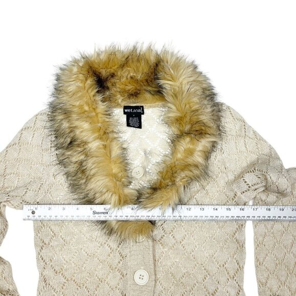 Vintage Y2K Fur Trim Cardigan Sweater Pointelle Knit Penny Lane Cream - Picture 8 of 13